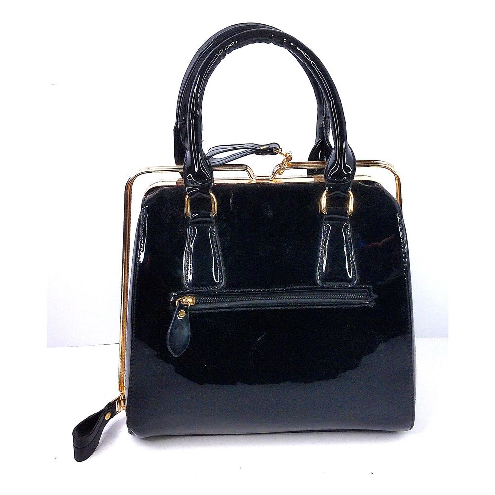 Vintage Y2K Black Patent Faux Leather Frame Satchel Handbag